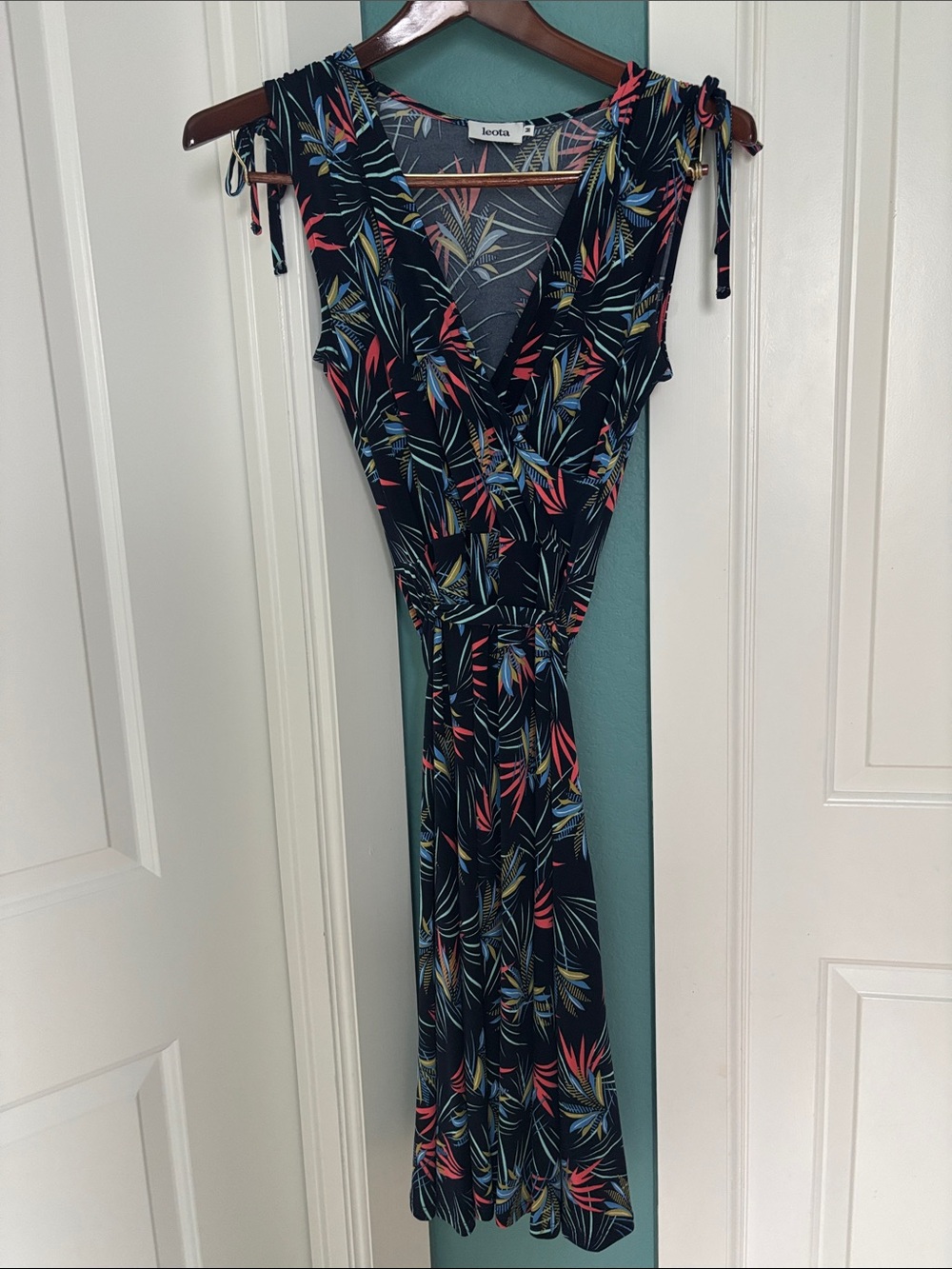 Leota Navy Midi Dress with Coral & Blue Tropical Print